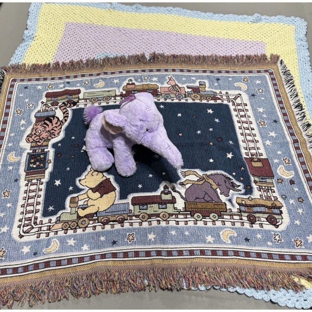Disney Winnie the Pooh Baby Blanket Lot Tapestry Crochet & Heffalump Plush Set